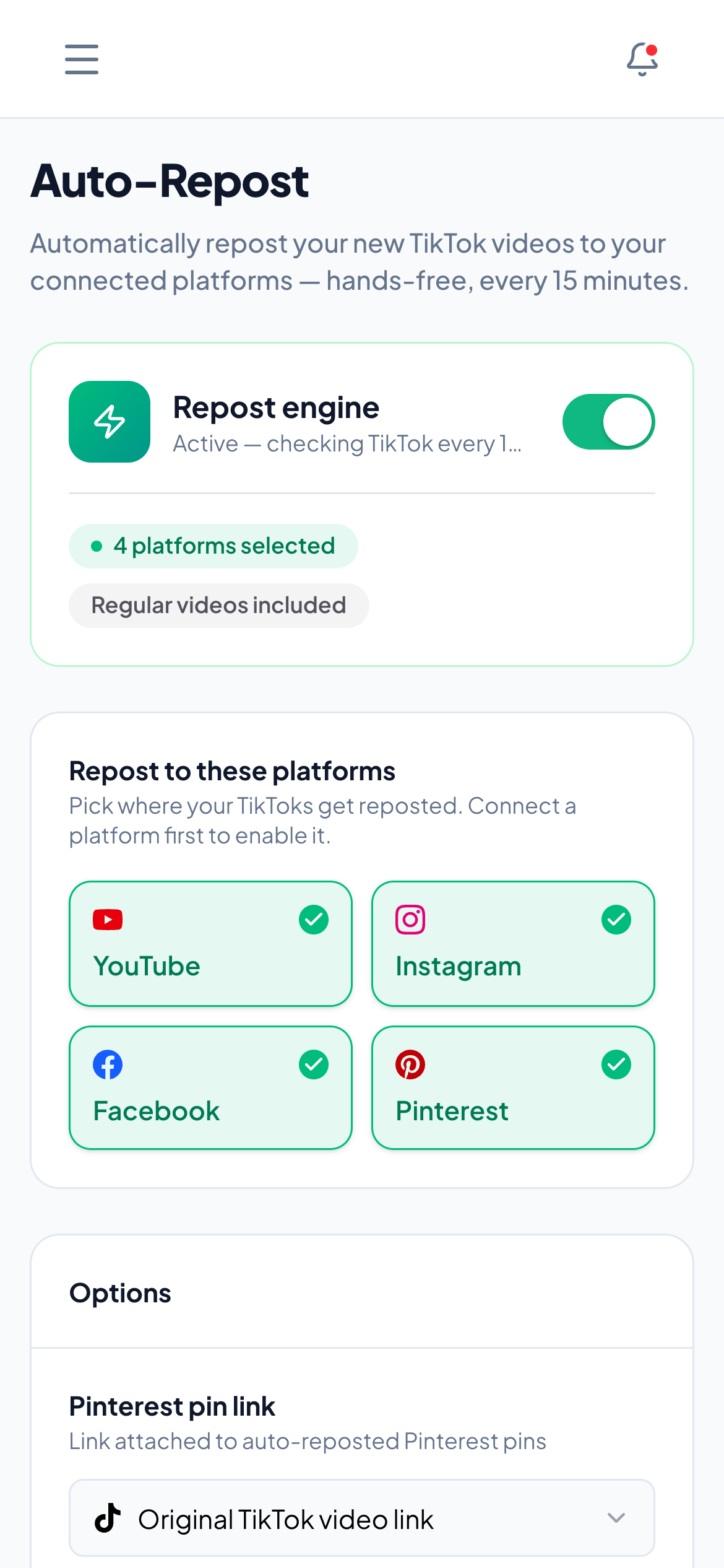 Klipq Auto-Repost on mobile: the Repost Engine toggled on, with YouTube, Instagram, Facebook, and Pinterest selected.