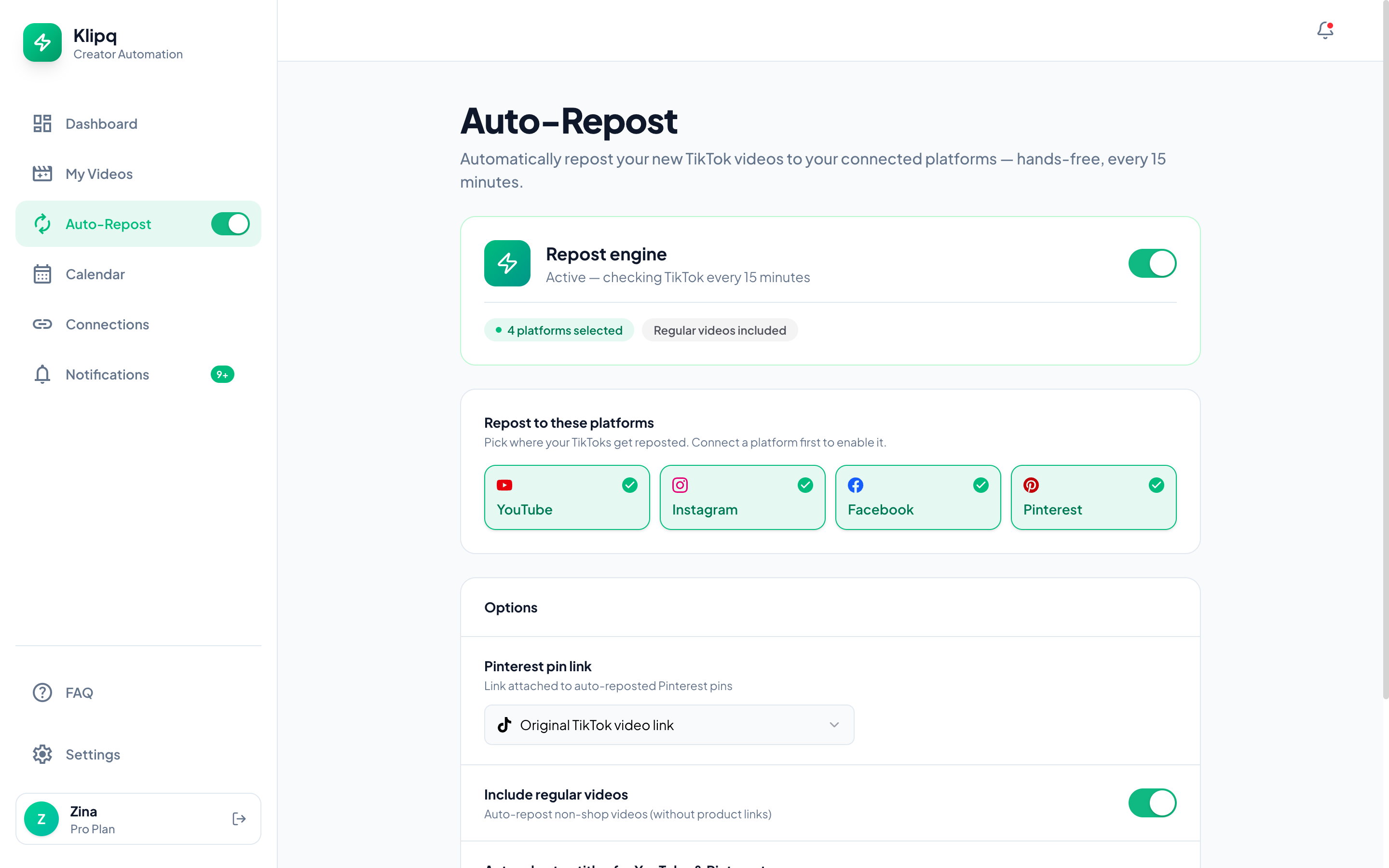 Klipq Auto-Repost dashboard: the Repost Engine toggled on and active, checking TikTok every 15 minutes, with YouTube, Instagram, Facebook, and Pinterest all selected as destinations.