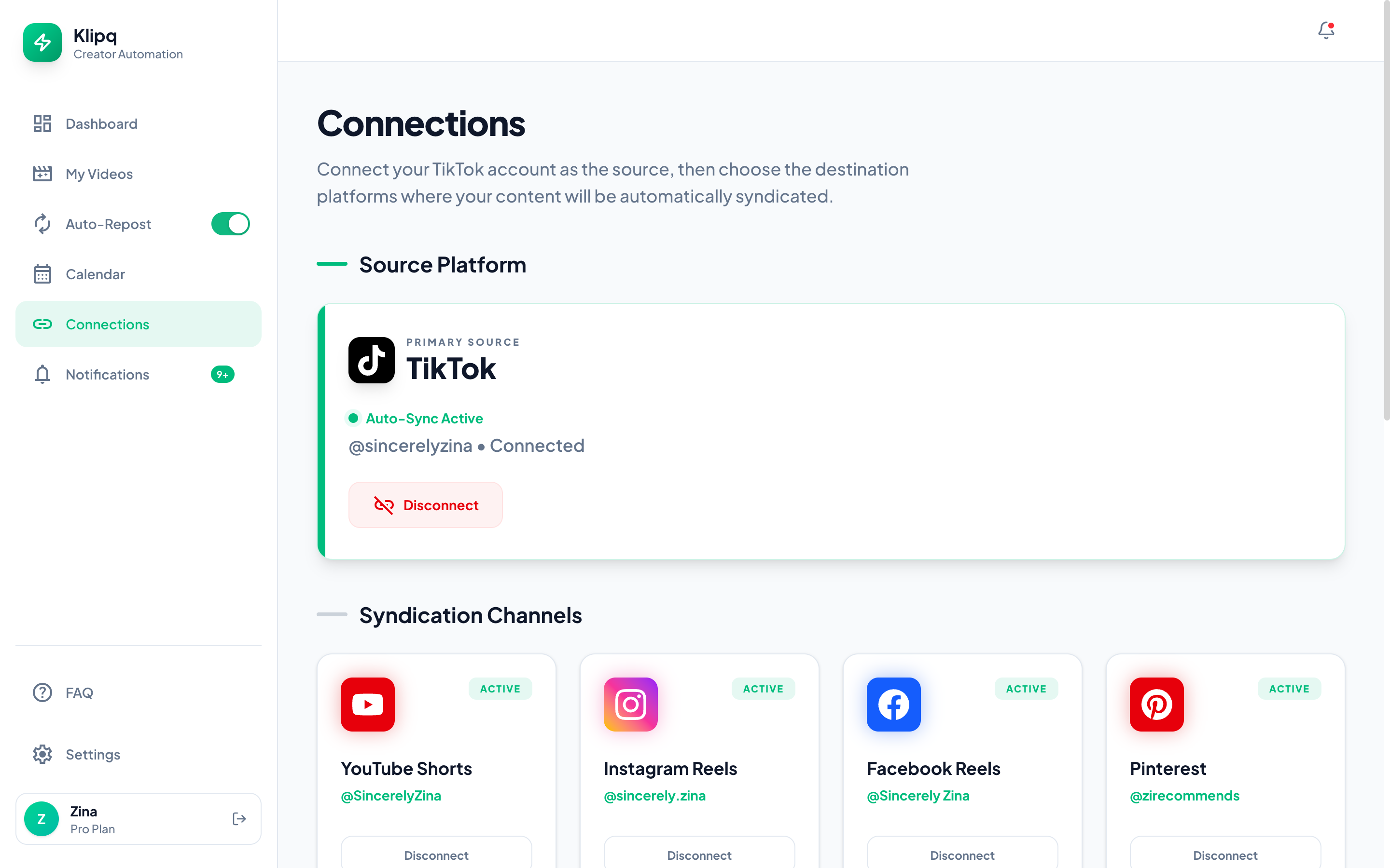 Klipq Connections dashboard: TikTok connected as the primary source with auto-sync active, syndicating to YouTube Shorts, Instagram Reels, Facebook Reels, and Pinterest.